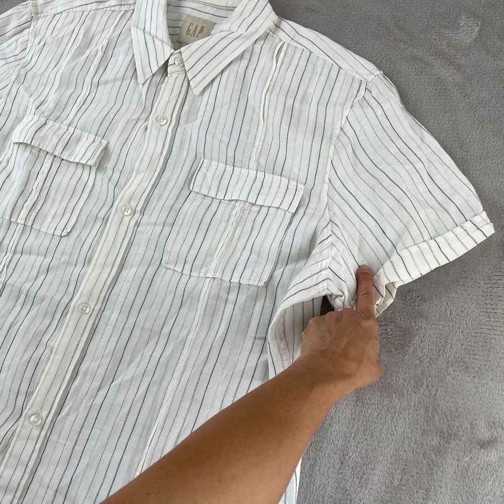 GAP Shirt Men XL White Striped 99% Linen Dual Pockets Short Sleeve Camp Vacation - Picture 8 of 16